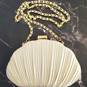 NEW Champagne Pleated Satin Clutch with Hard Shell and Gold Frame